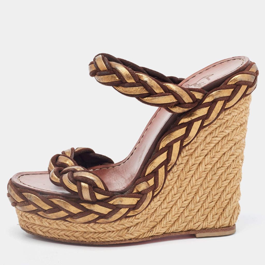 Christian Louboutin Christian Louboutin Brown/Gold Braided Leather and Suede Espadrille Wedge Sandals Size 35