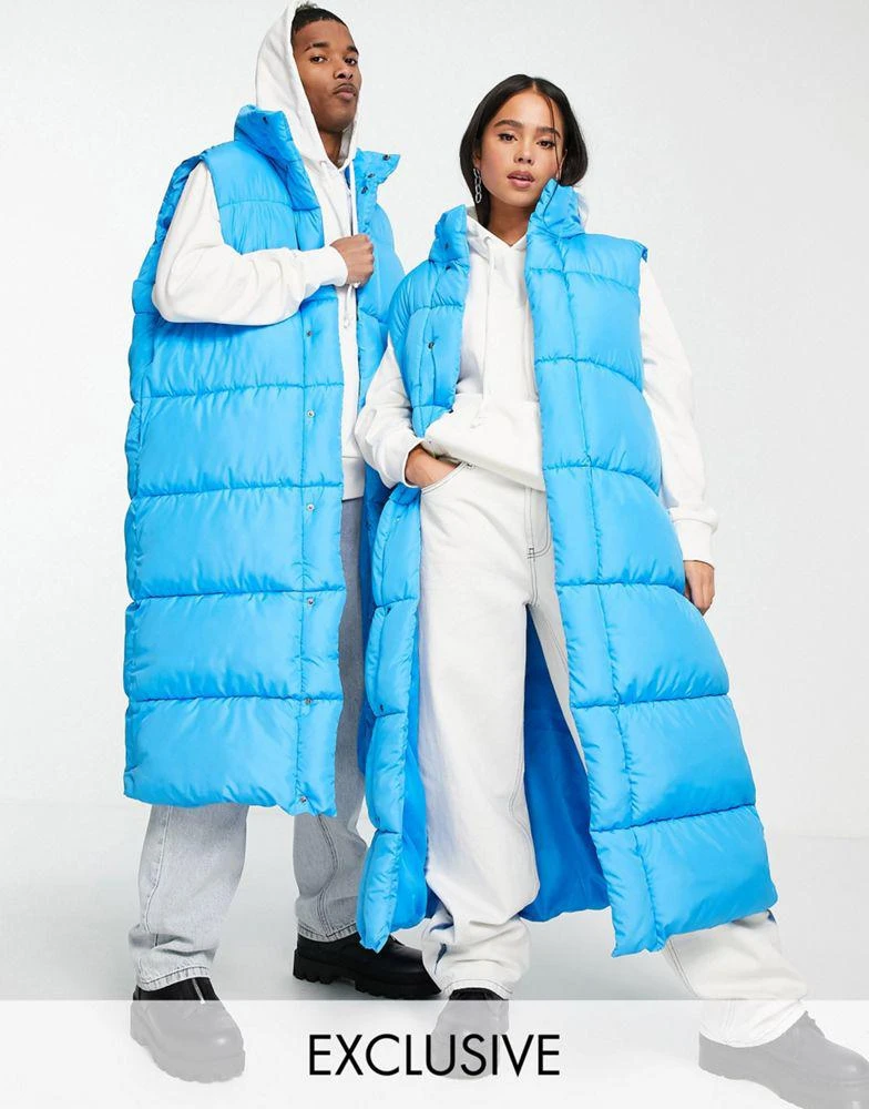 Collusion COLLUSION Unisex maxi sleeveless puffer coat in blue 1
