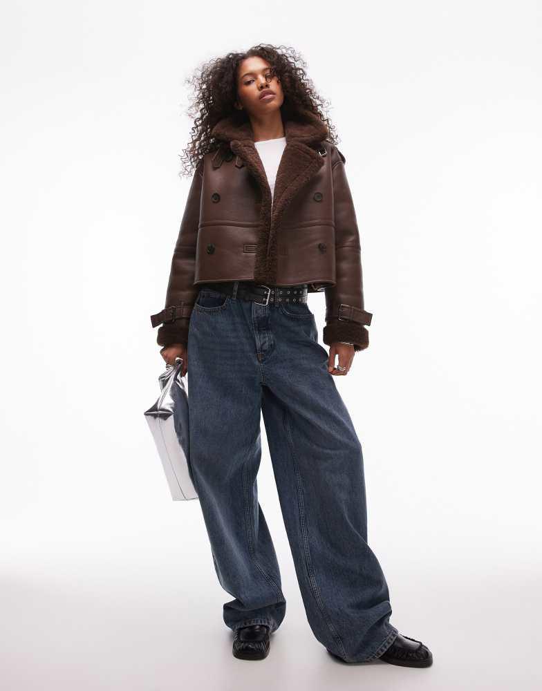 Topshop Topshop faux leather borg shearling cropped aviator jacket in choc