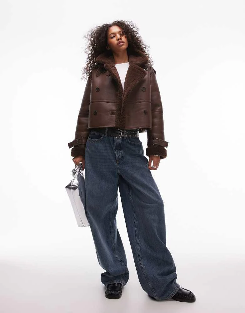 Topshop Topshop faux leather borg shearling cropped aviator jacket in choc 2