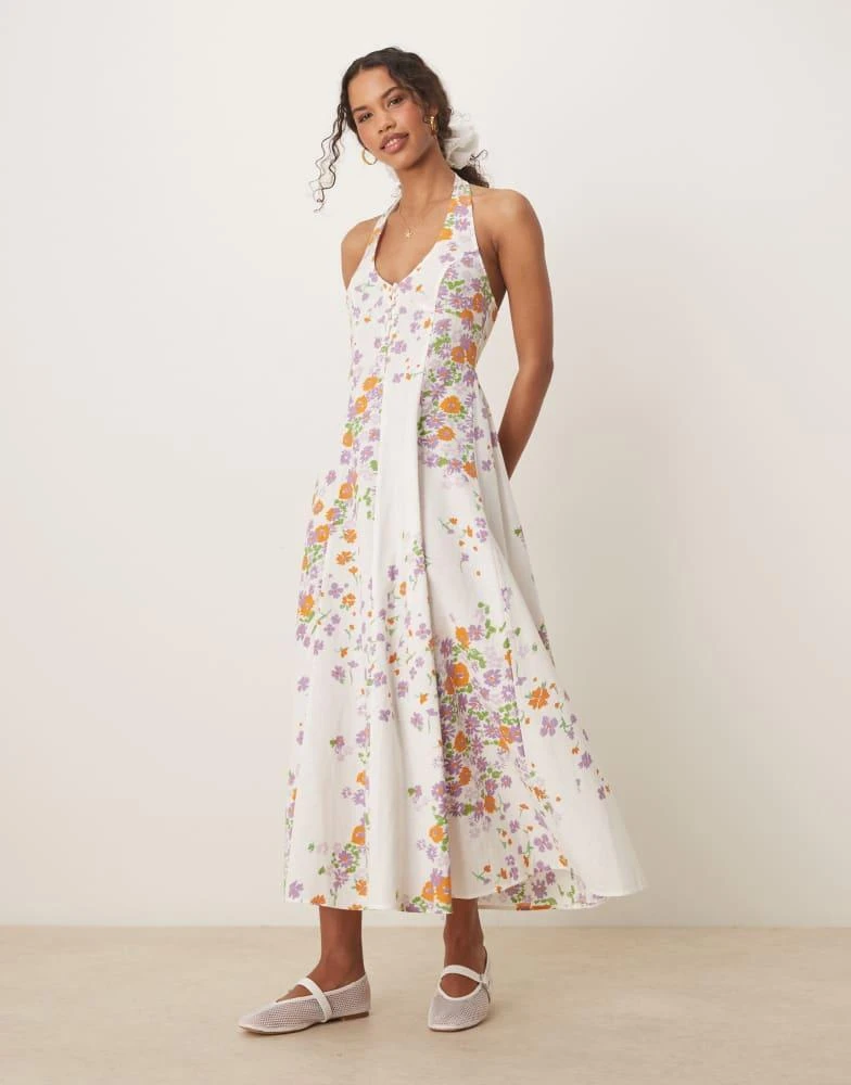 pink floral halter neck dress Retro Stage 1950s V-Neck Halter Backless Floral Bustier Midi Dress for Vacation main image 1