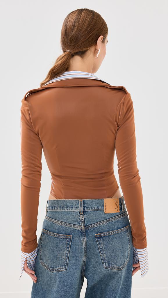 LaQuan Smith Long Sleeve Button Down Bodysuit with Poplin Dickie