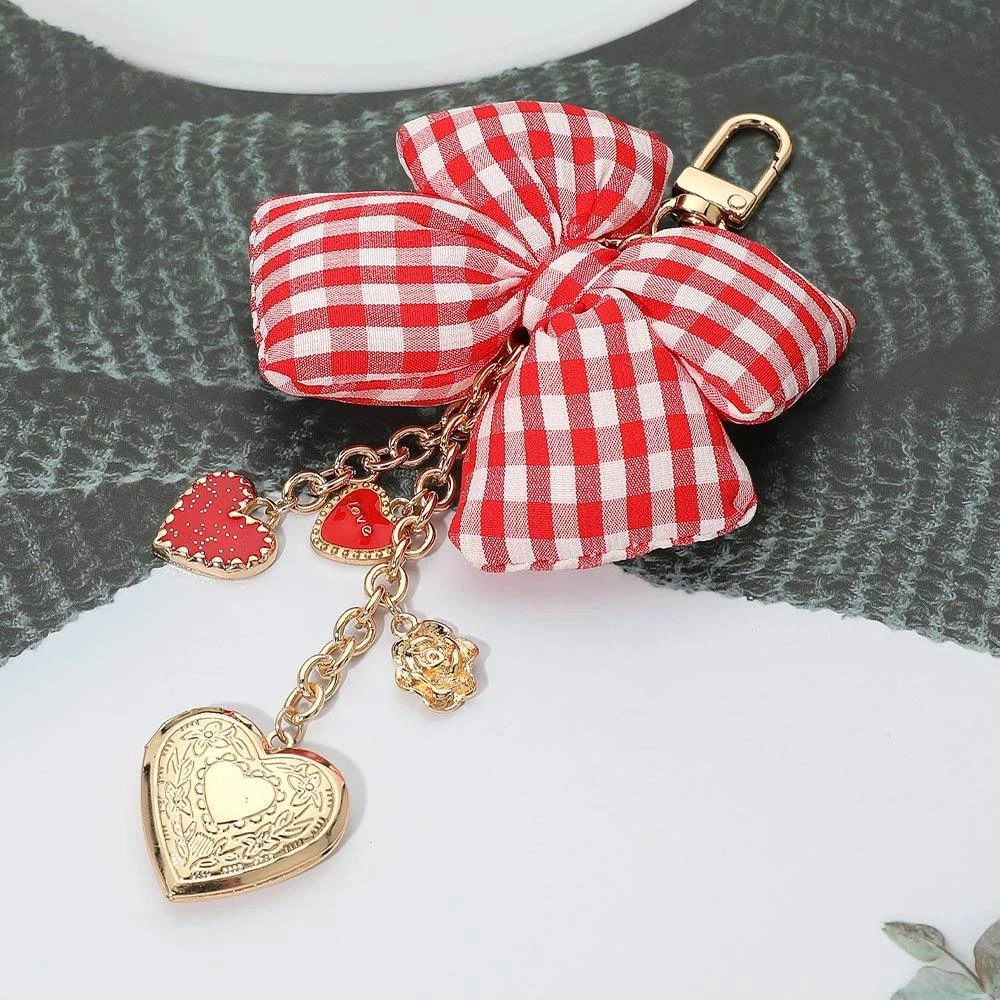 FASHNZFAB Checkered Bow Accent Heart Locket Charm Drop Keychain Bag Charm