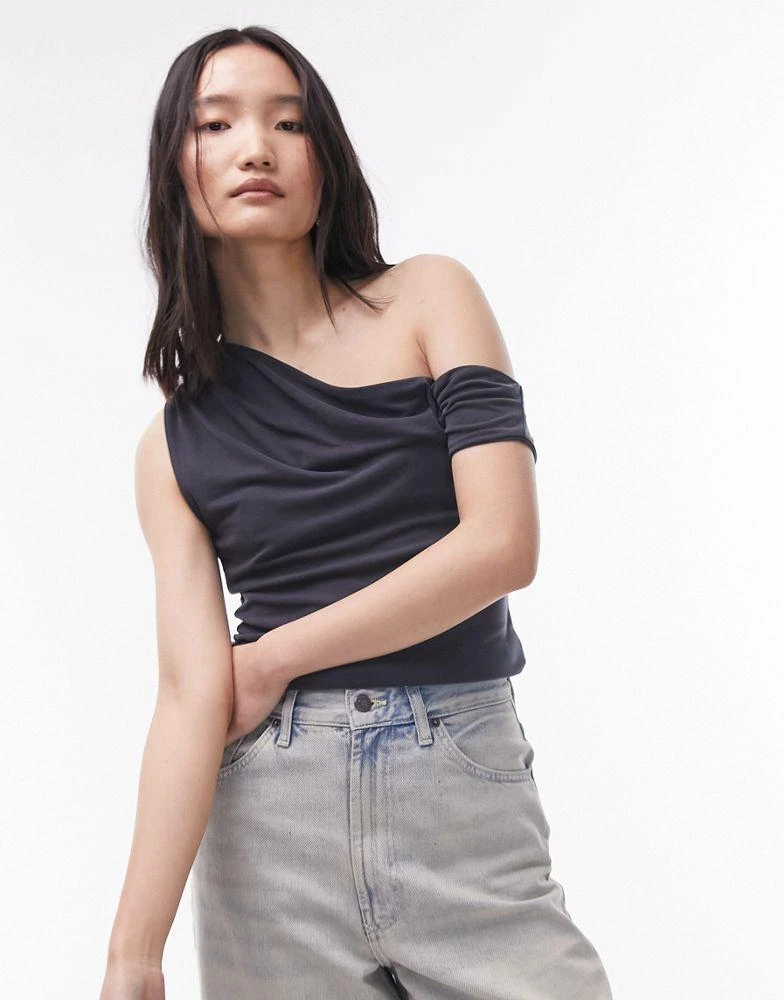 Topshop Topshop cupro draped off the shoulder top in slate 1
