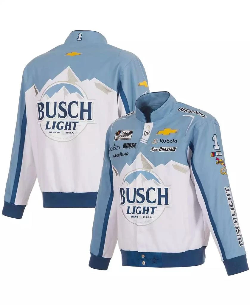 JH Design Men's White/Light Blue Ross Chastain Busch Light Full-Snap Twill Uniform Jacket 1
