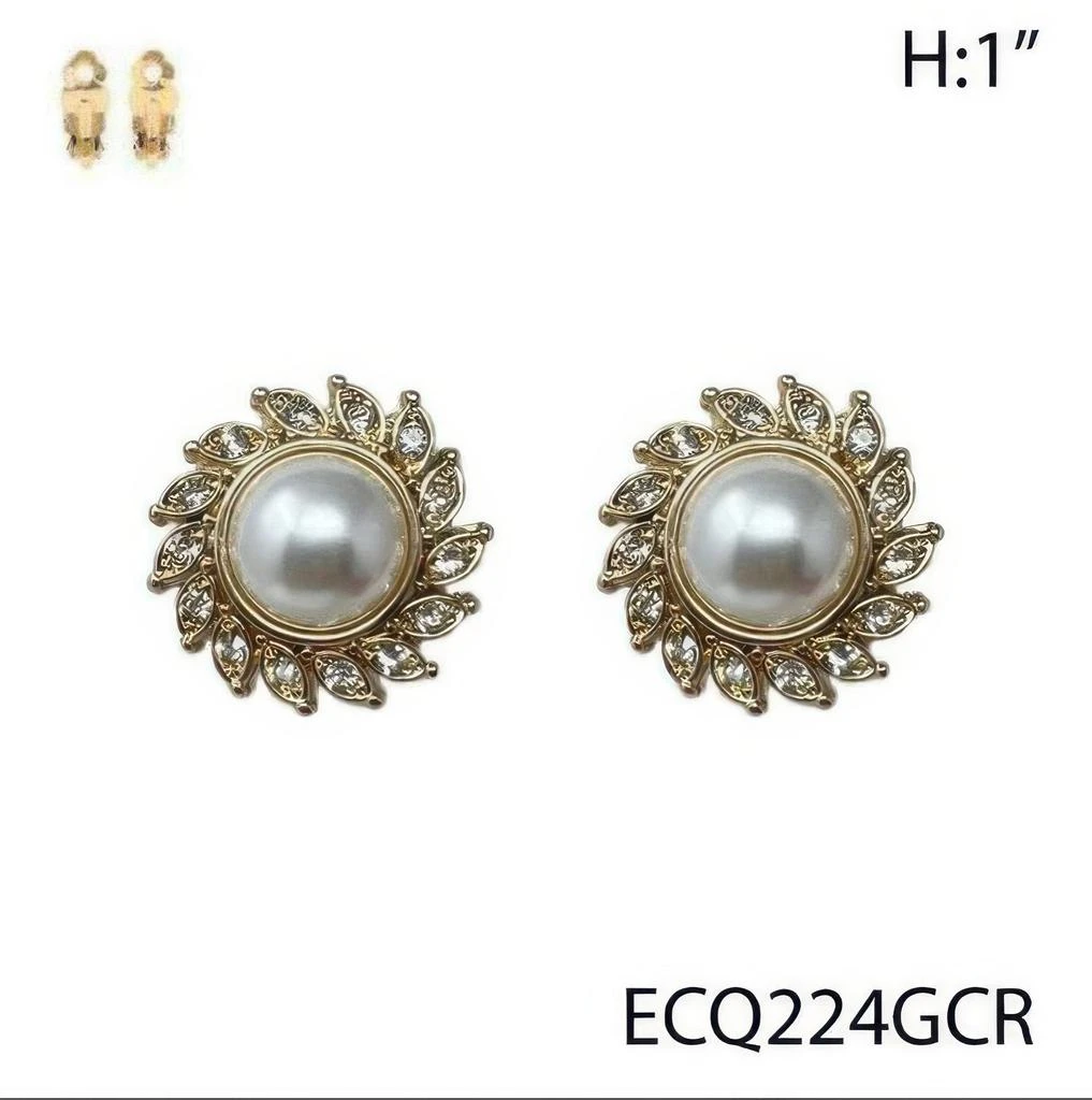 TRUEDAMES Pearl Rhinestone Flower Clip-on Earrings 2