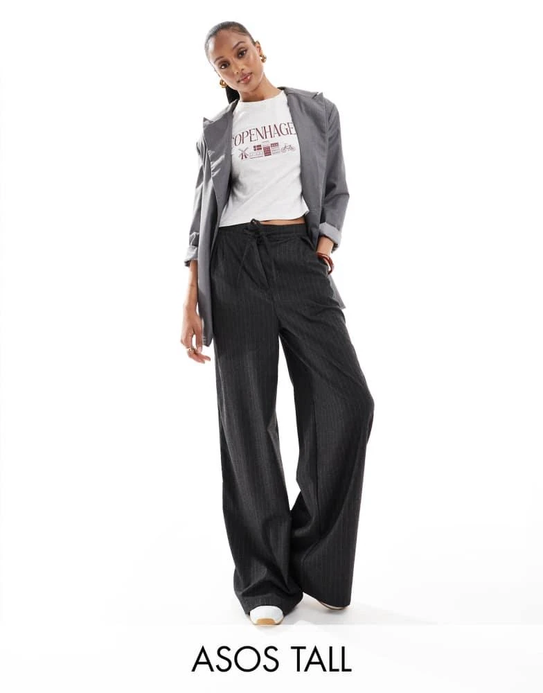 ASOS ASOS DESIGN Tall tailored tie waist wide leg trousers with pleat detail in brushed charcoal stripe 1