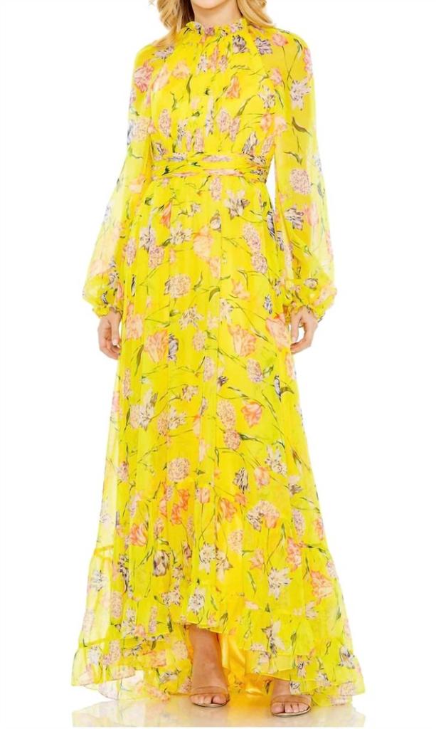 Mac Duggal Floral Chiffon Bishop-Sleeve Gown - Dresses