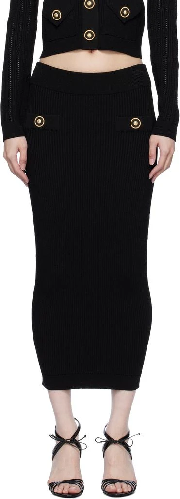 Balmain Black Plain Ribbed Knit Midi Skirt 1