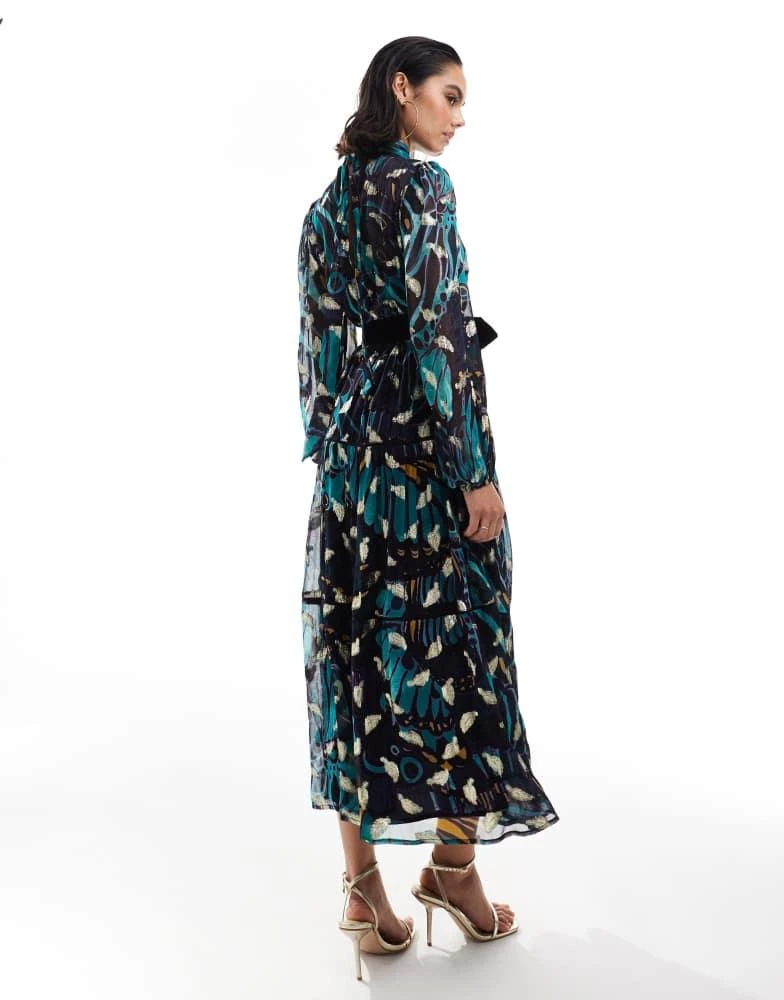 Hope & Ivy Hope & Ivy premium printed maxi dress with velvet belt and gold fleck in teal 3