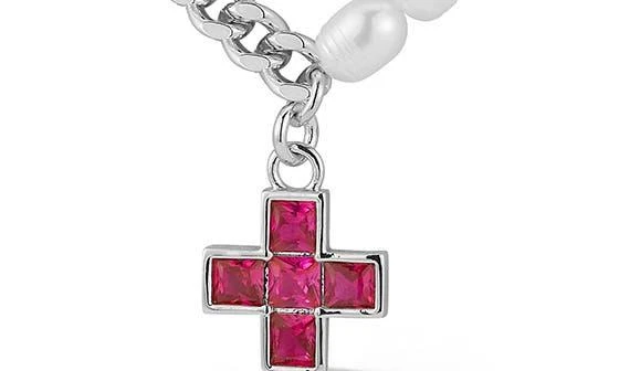 Sphera Milano 5.5mm Cultured Freshwater Pearl & Curb Chain CZ Cross Pendant Necklace 2