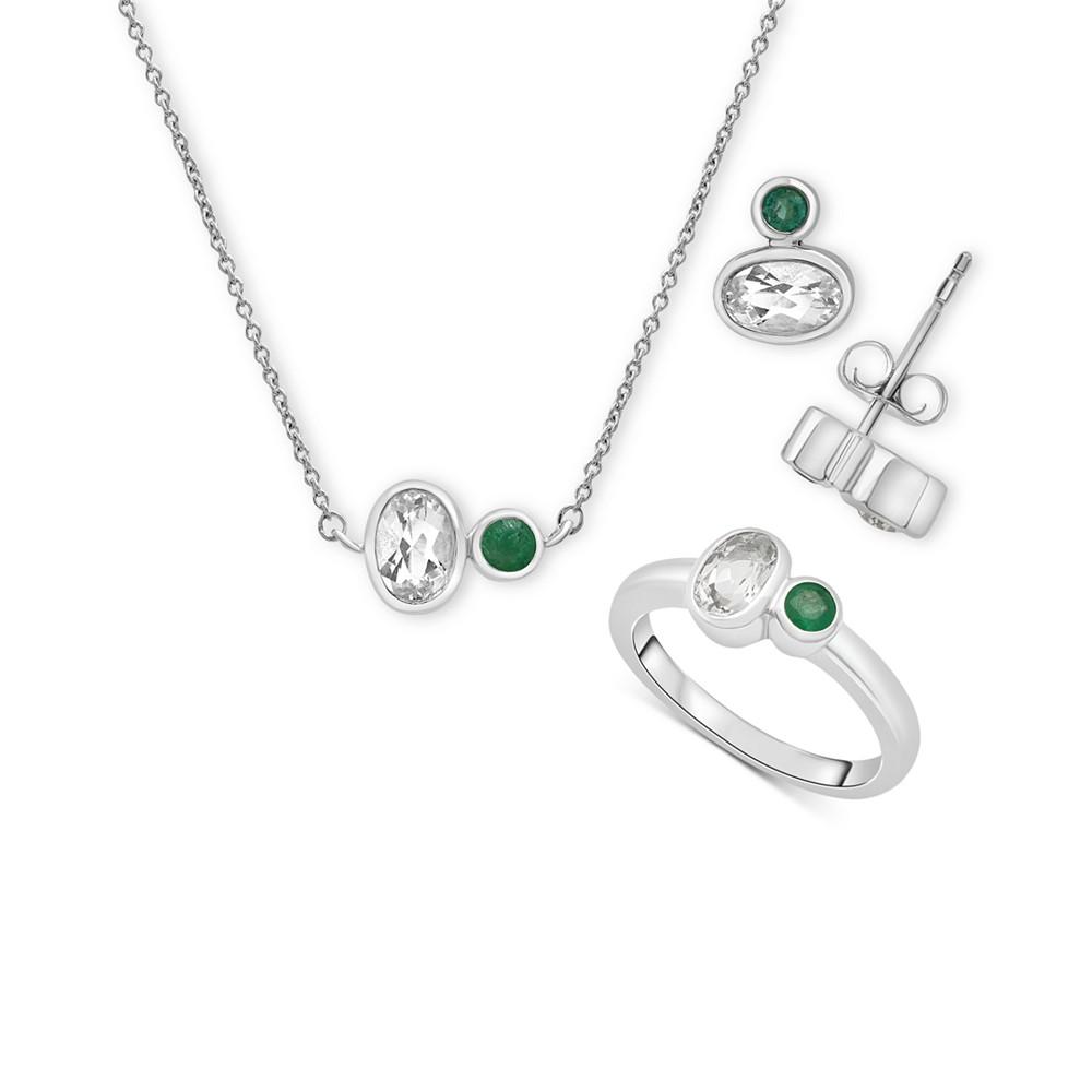 Macy's 3-Pc. Set Lab-Grown Emerald (1/4 ct. t.w.) & Lab Grown White Sapphire (2-1/6 ct.tw) Pendant Necklace, Matching Ring, & Stud Earrings in Sterling Silver