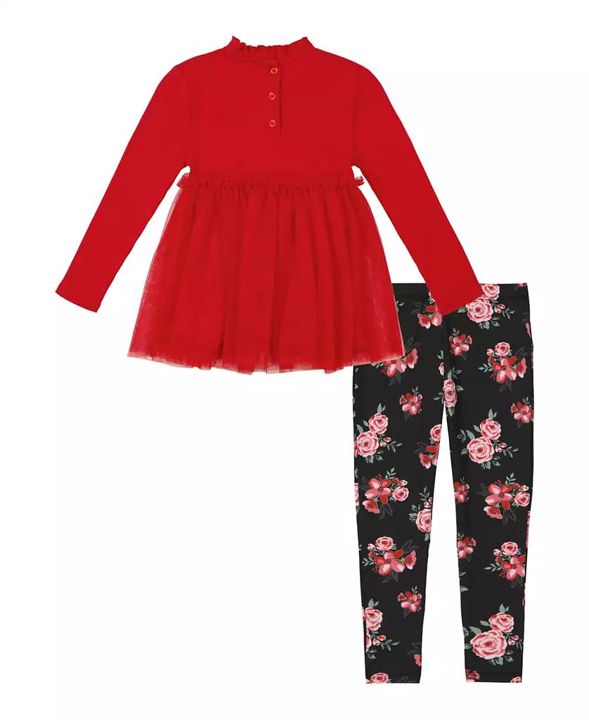 KIDS HEADQUARTERS Baby Girl Ribbing and Mesh Tunic Floral Leggings