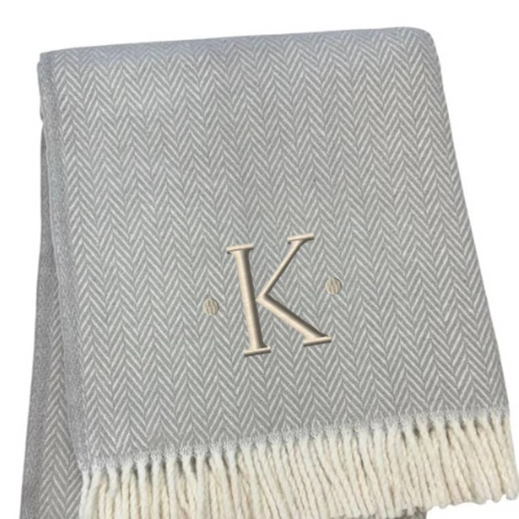Hivvago 55" X 70" Gray And White Herringbone Cotton Blend K Initial Throw Blanket with Tassels And Embroidery 4