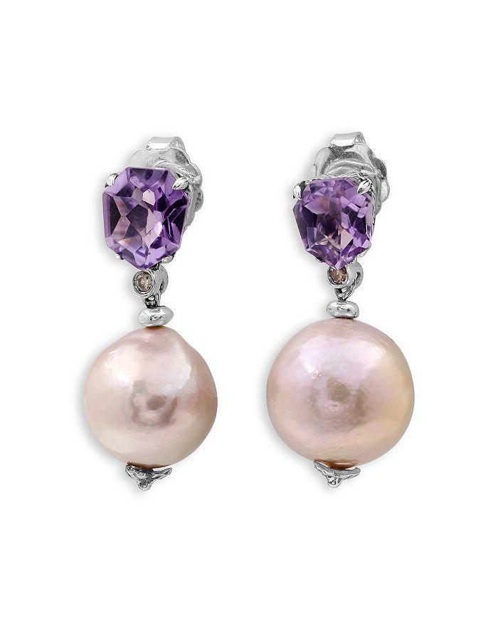 Stephen Dweck Sterling Silver Galactical Amethyst, Cultured Freshwater Baroque Pearl & Champagne Diamond Drop Earrings