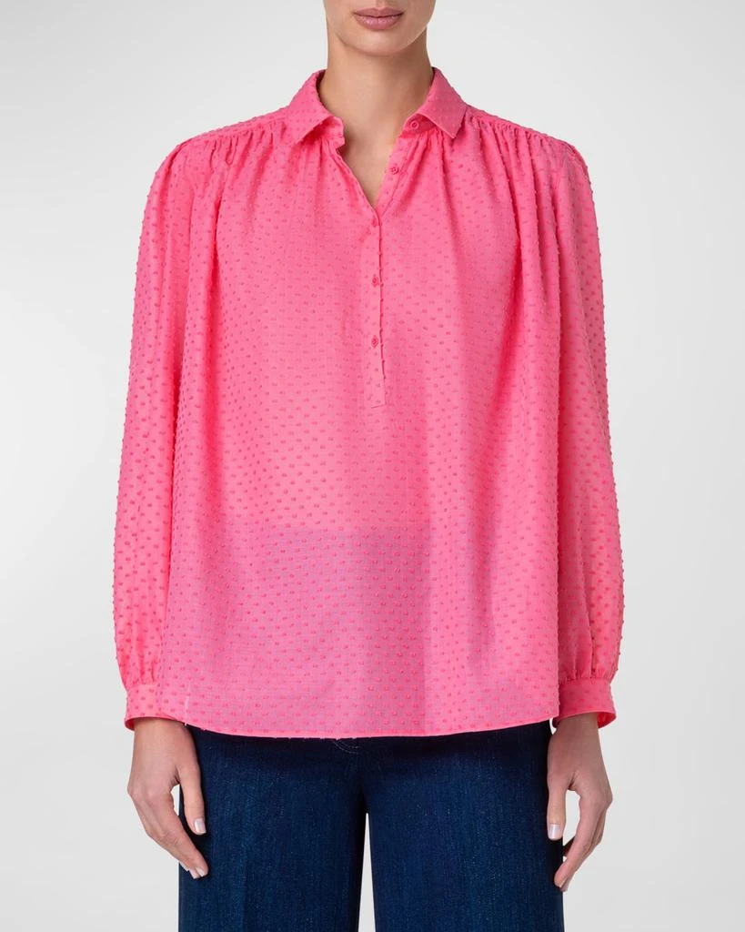 Akris Swiss Dot Techno Crepe Long-Sleeve Collared Blouse 2