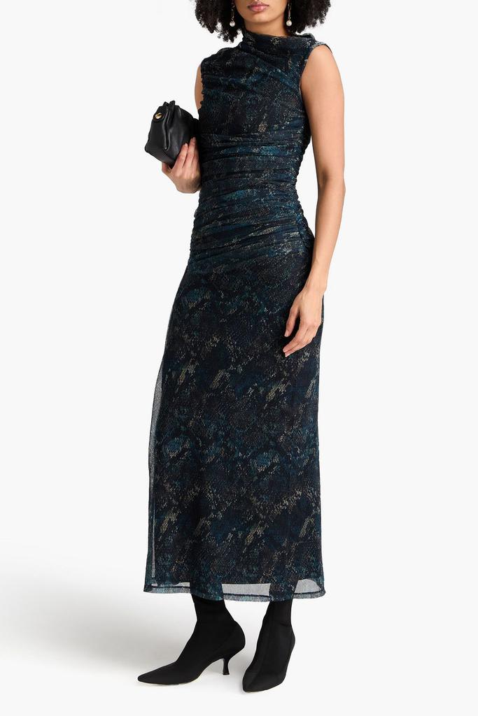 NICHOLAS Ruched snake-print tulle maxi dress