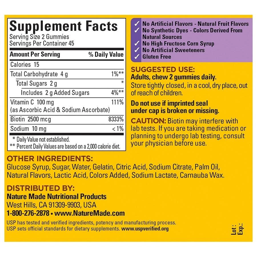 Nature Made Hair, Skin and Nails with Biotin 2500 mcg Gummies Mixed Berry, Cranberry
Blueberry 3