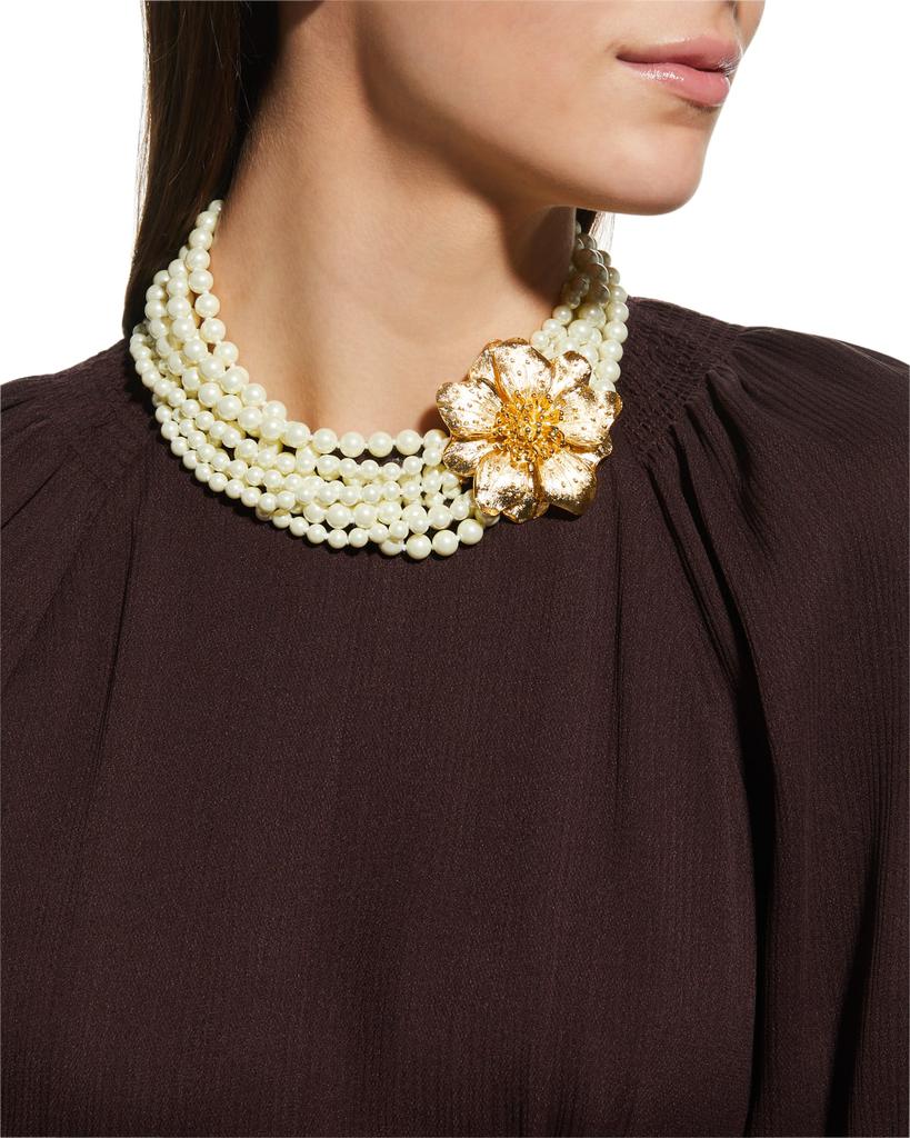 Kenneth Jay Lane Gold Magnolia-Motif Pearly Necklace