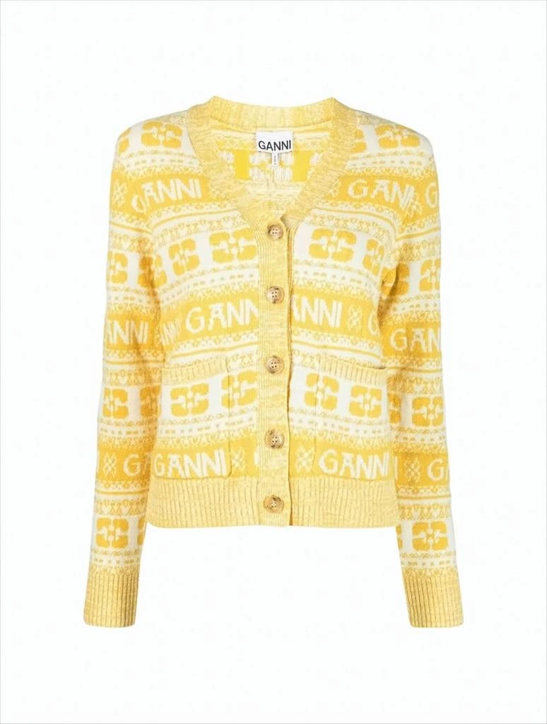Ganni Cropped V-Neck Cardigan with Logo Motifs and Geometric Designs