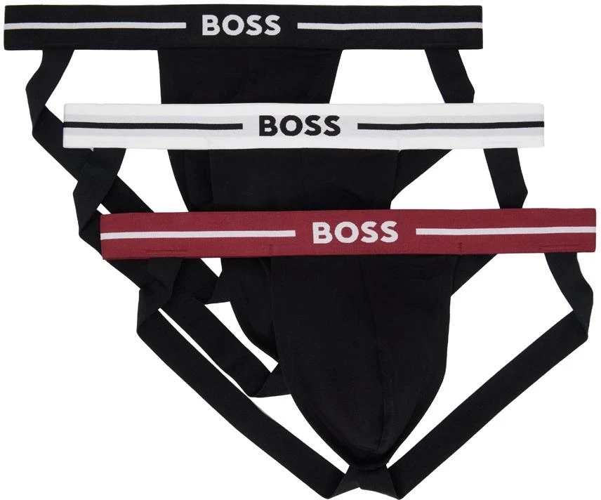 Hugo Boss Three-Pack Black Jacquard Logo Jock Straps 1