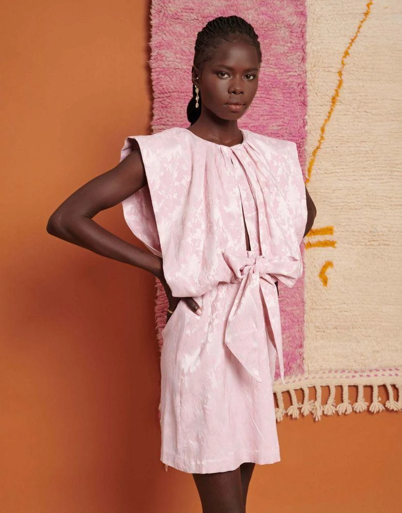 Ghospell Ghospell jacquard bow pleated mini dress in pink 1