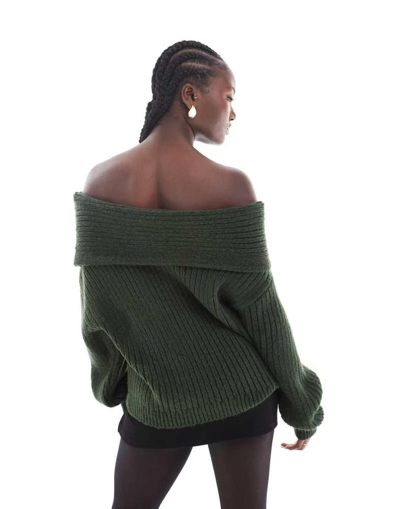ASOS ASOS DESIGN oversized knitted off shoulder jumper in forest green 3