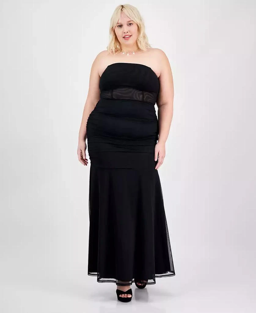macy's black strapless dress BABARONI BABARONI Satin Black Prom Dresses A-line Strapless Sleeveless With Slit Pleated, Black / US0