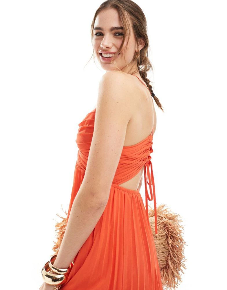 ASOS ASOS DESIGN pleated bodice strappy pleat midi dress with tie back detail in coral 2