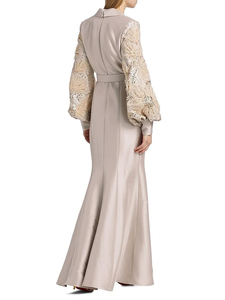 Badgley Mischka Beaded Tulle-Sleeve Blazer Mermaid Gown 5