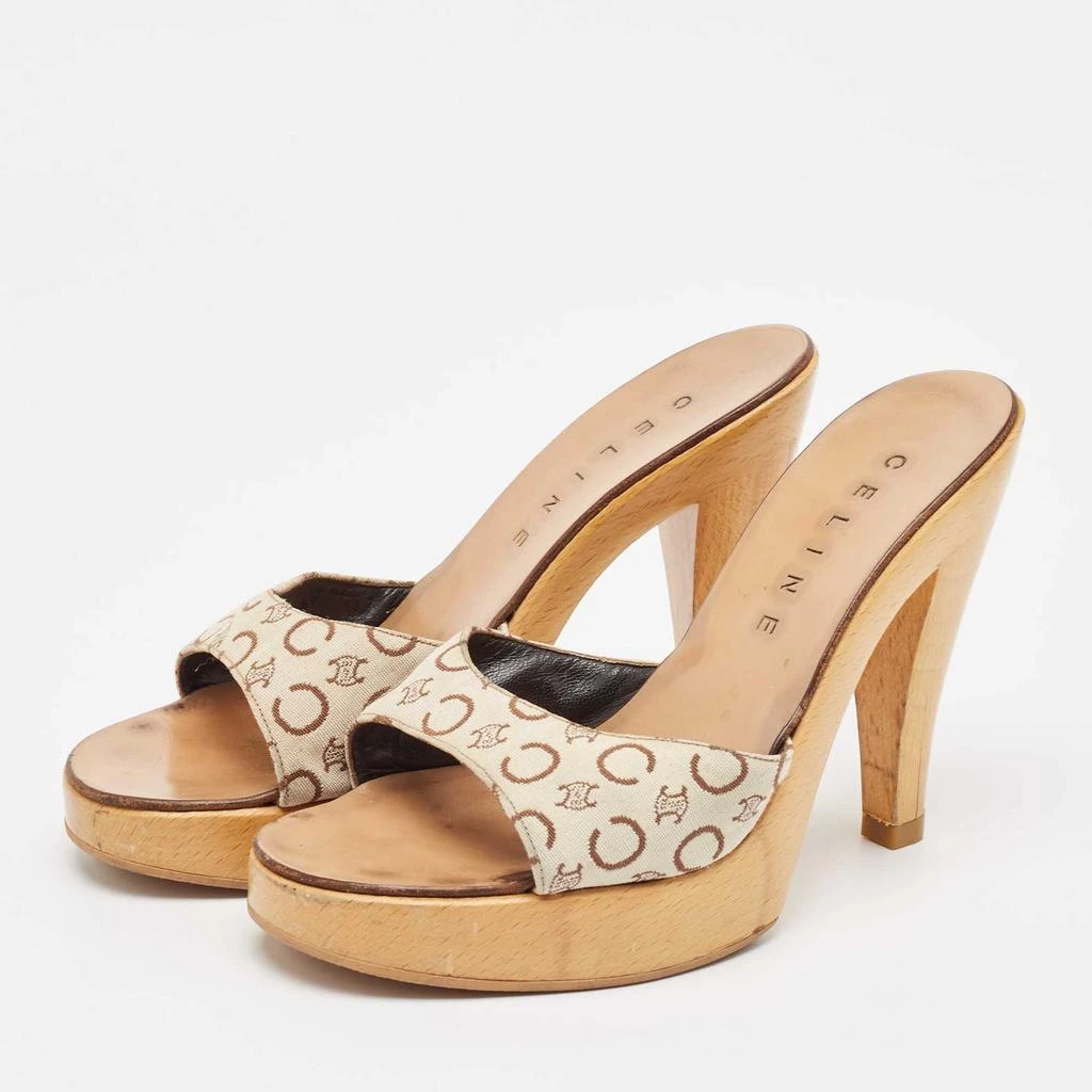 Celine Celine Beige/Brown Logo Print Canvas Platform Slide Sandals Size 37 2