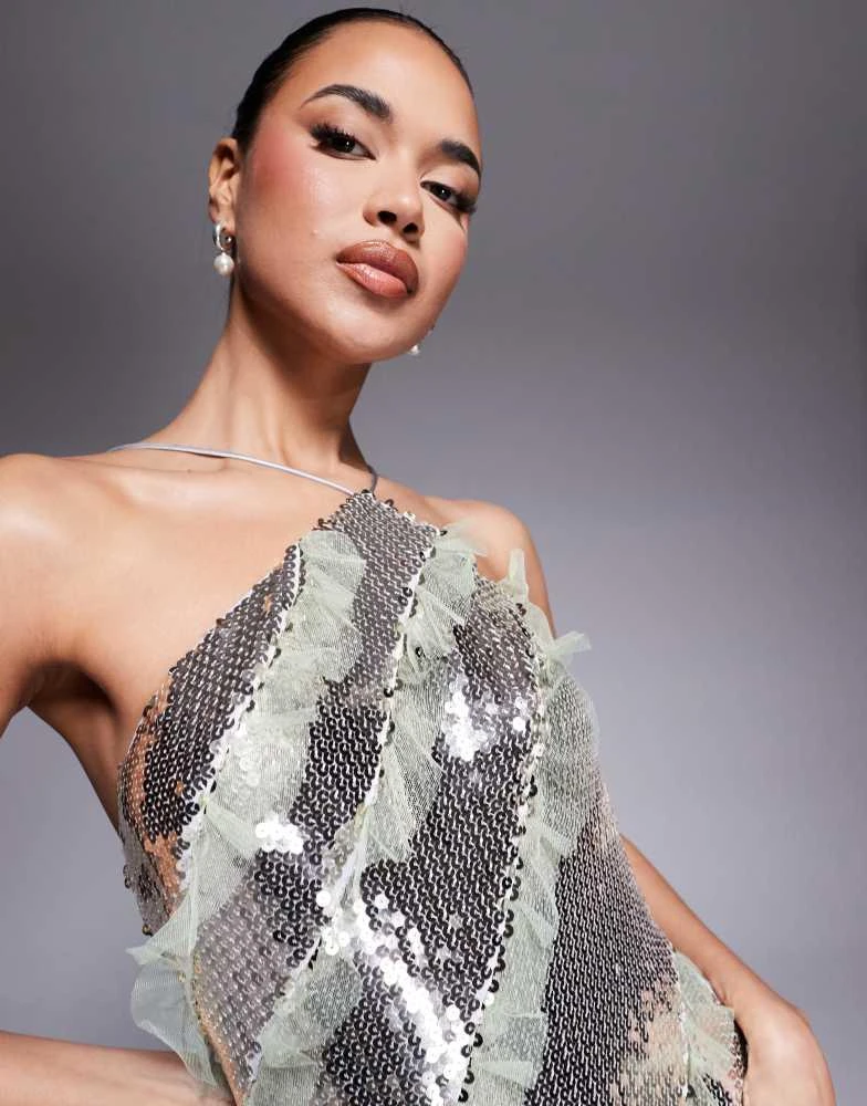 ASOS ASOS DESIGN halter neck sequin maxi dress in silver sequin with mesh ruffle inserts in silver 4