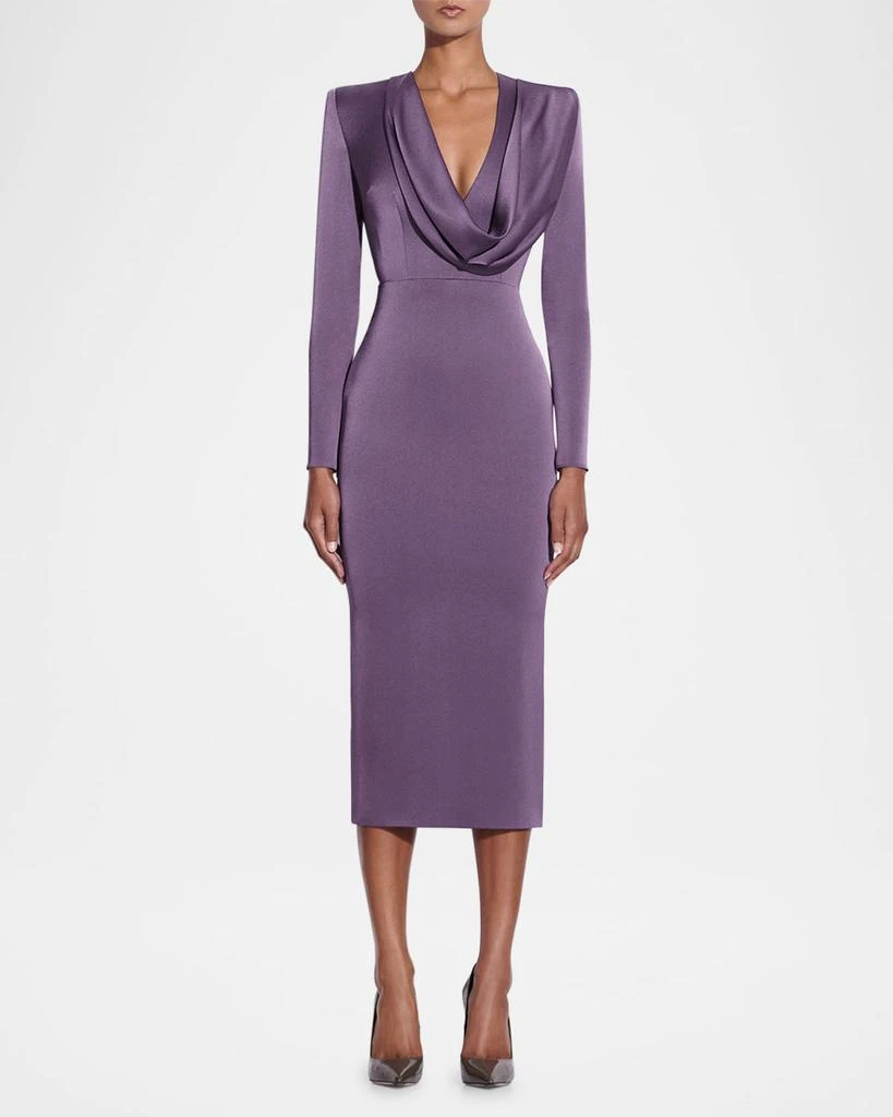 Alex Perry Draped Cowl-Neck Strong-Shoulder Satin Crepe Midi Dress 2