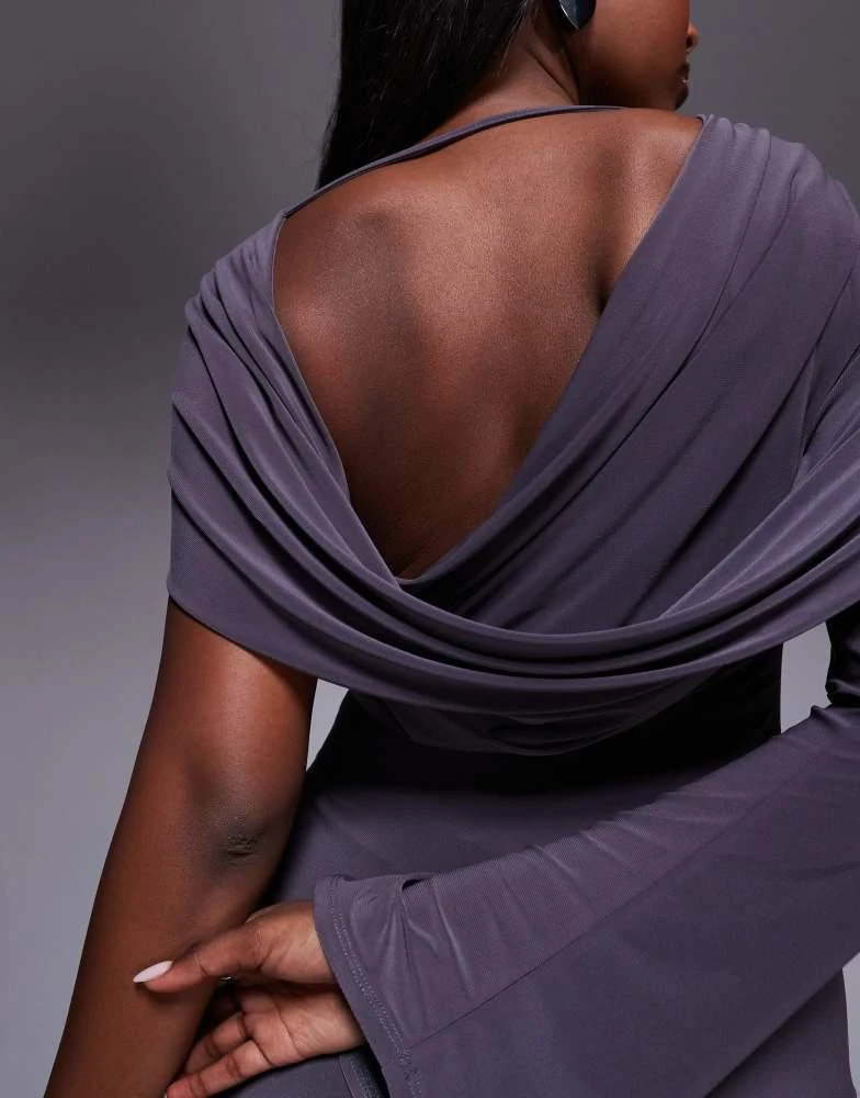 asos grey maxi dress ASOS EDITION satin slouchy off shoulder maxi dress in grey abstract pr main image 0