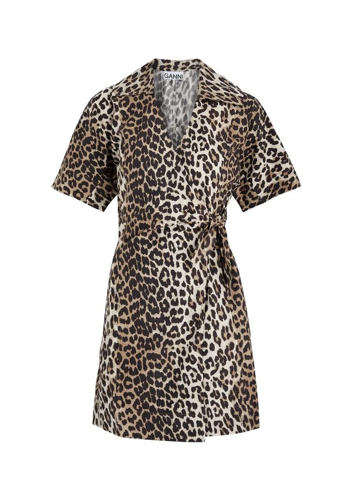 Ganni Leopard-print cotton mini wrap dress  1