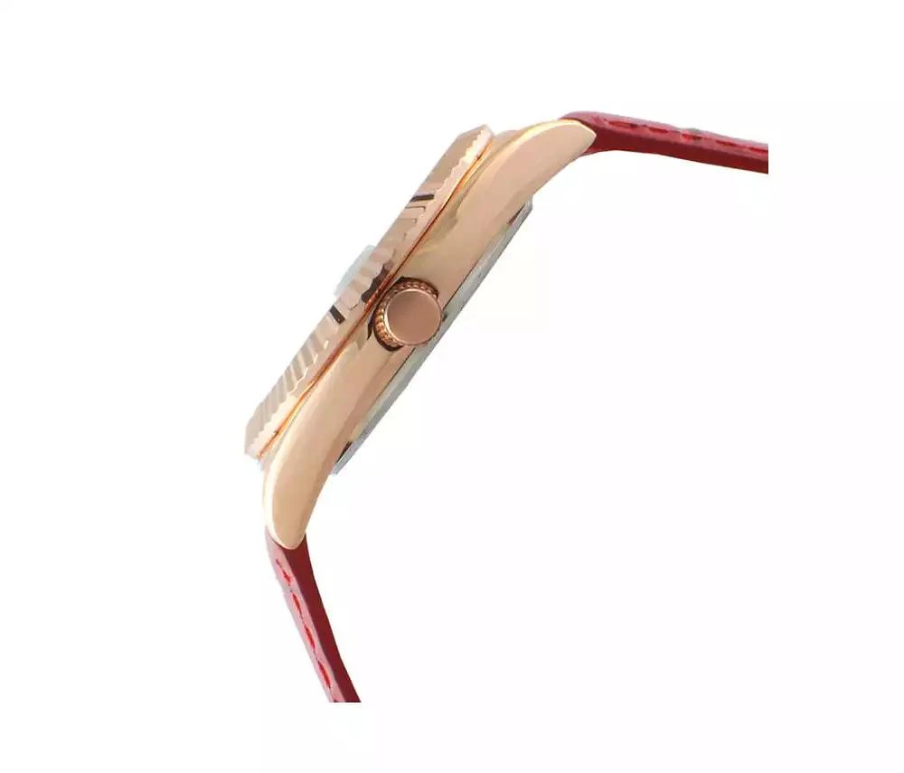 Peugeot Women 36mm Red Fluted Bezel Watch with Leather Strap - Mother of Pearl Dial 3