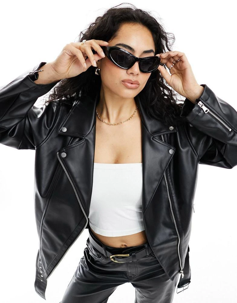 ASOS ASOS DESIGN longline oversized faux leather biker jacket in black 1