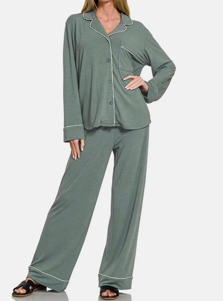ZENANA Button Down Long Sleeve Top And Pants Lounge Set In Sage