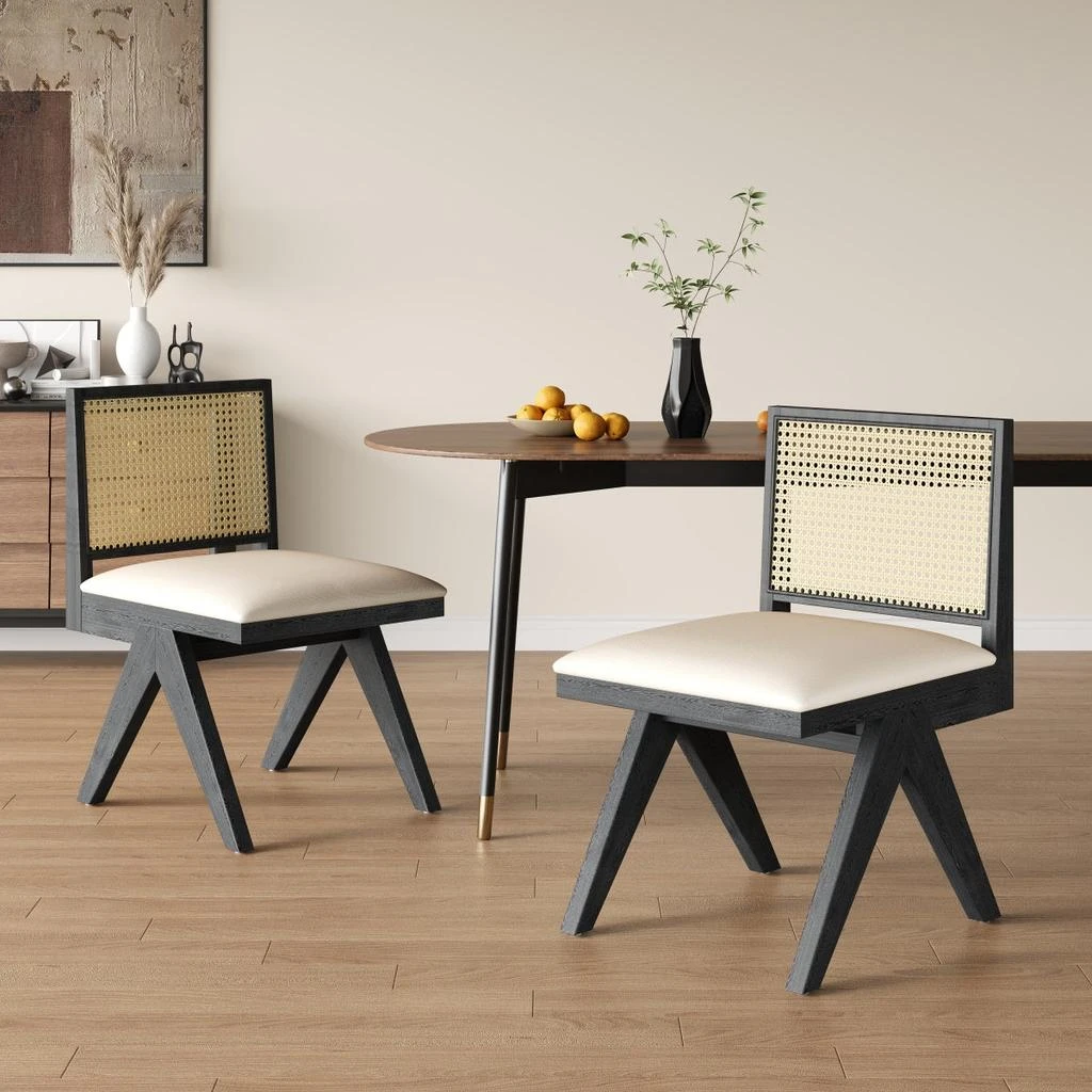 Streamdale Furniture Streamdale Chandigarh Dining Chairs (Set of 2) - Black, Natural Cane, Gray Cushion