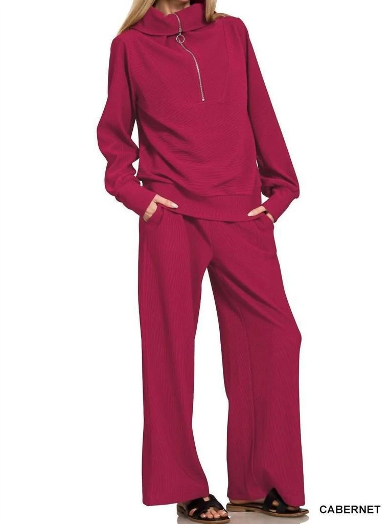 ZENANA Ribbed High Neck Half Zip Pullover 
Pants Set In Cabernet 2