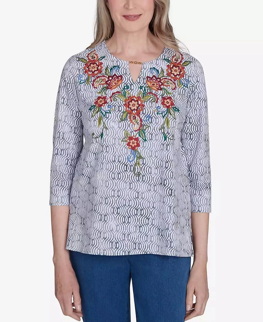 Alfred Dunner Petite Harvest Moon Textured Floral Embroidered Split Neck Top 1
