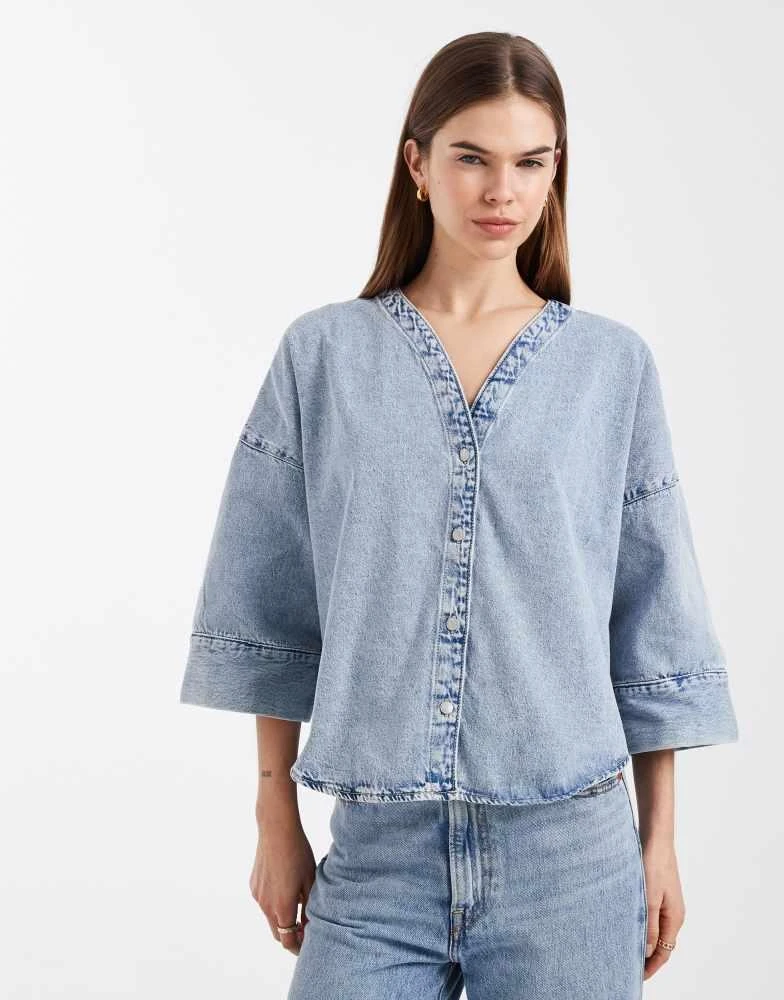 VERO MODA Vero Moda half sleeve oversized fit denim top in light blue wash