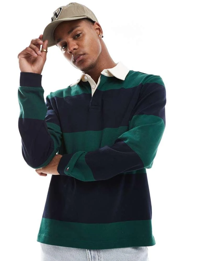 Tommy Hilfiger Tommy Hilfiger stripe rugby shirt in navy and dark green 1