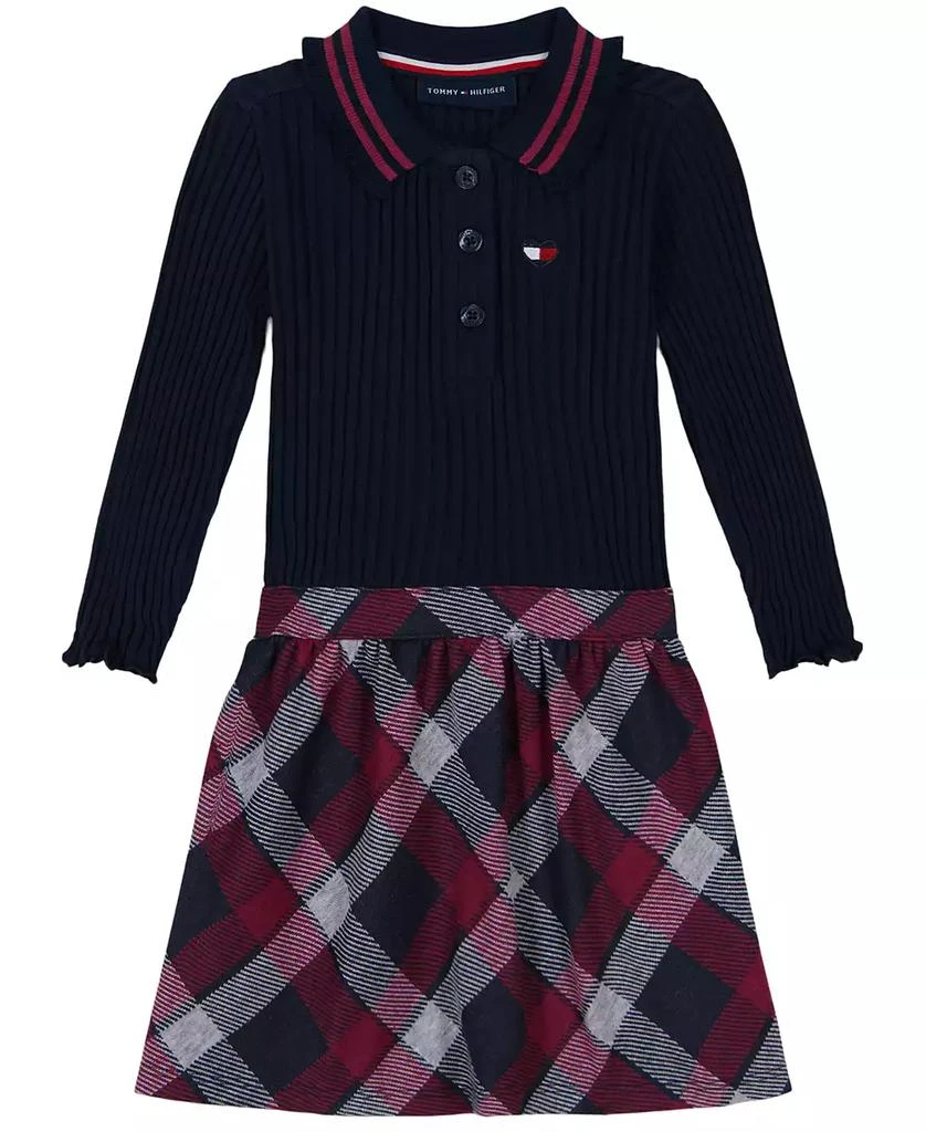 Tommy Hilfiger Toddler and Little Girls Ribbed Plaid Long Sleeve Polo Dress 1