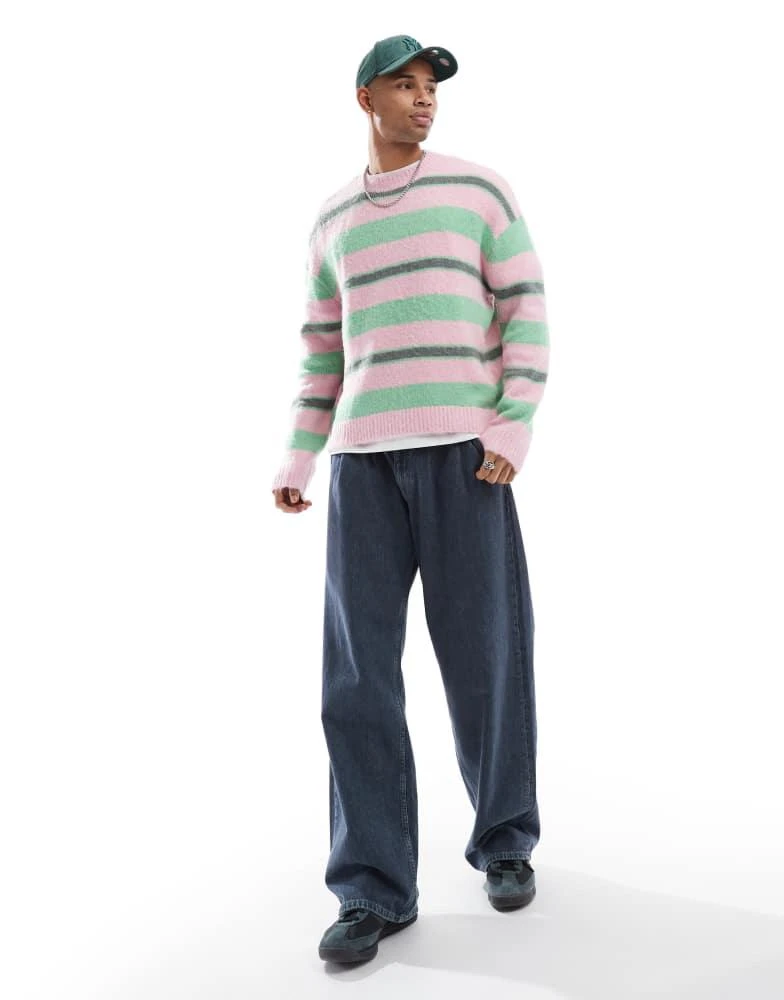 Pull&Bear Pull&Bear fluffy knitted stripe jumper in pink 2