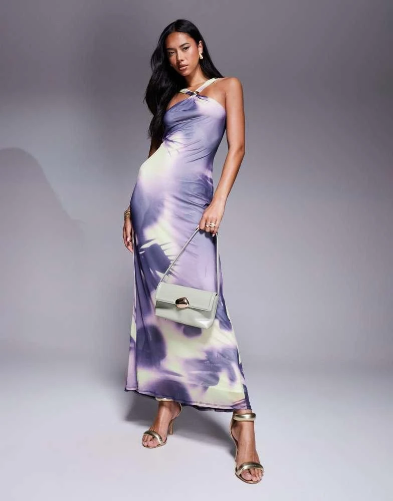 ASOS Design trimmed halter neck maxi dress with twisted back detail in abstract print-Multi