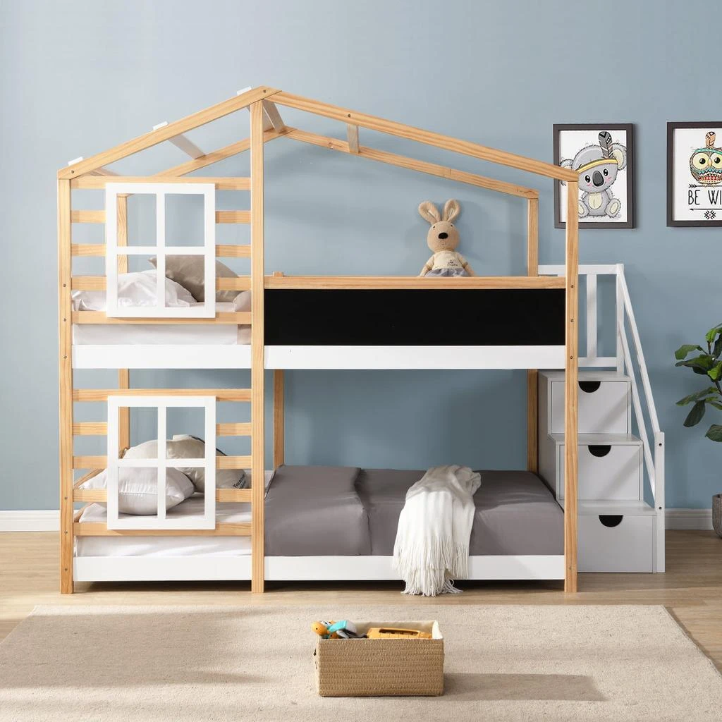 Streamdale Furniture Streamdale Full over Full Bunk Bed House Bed with Roof, Windows, Blackboard, Storage Ladder 2