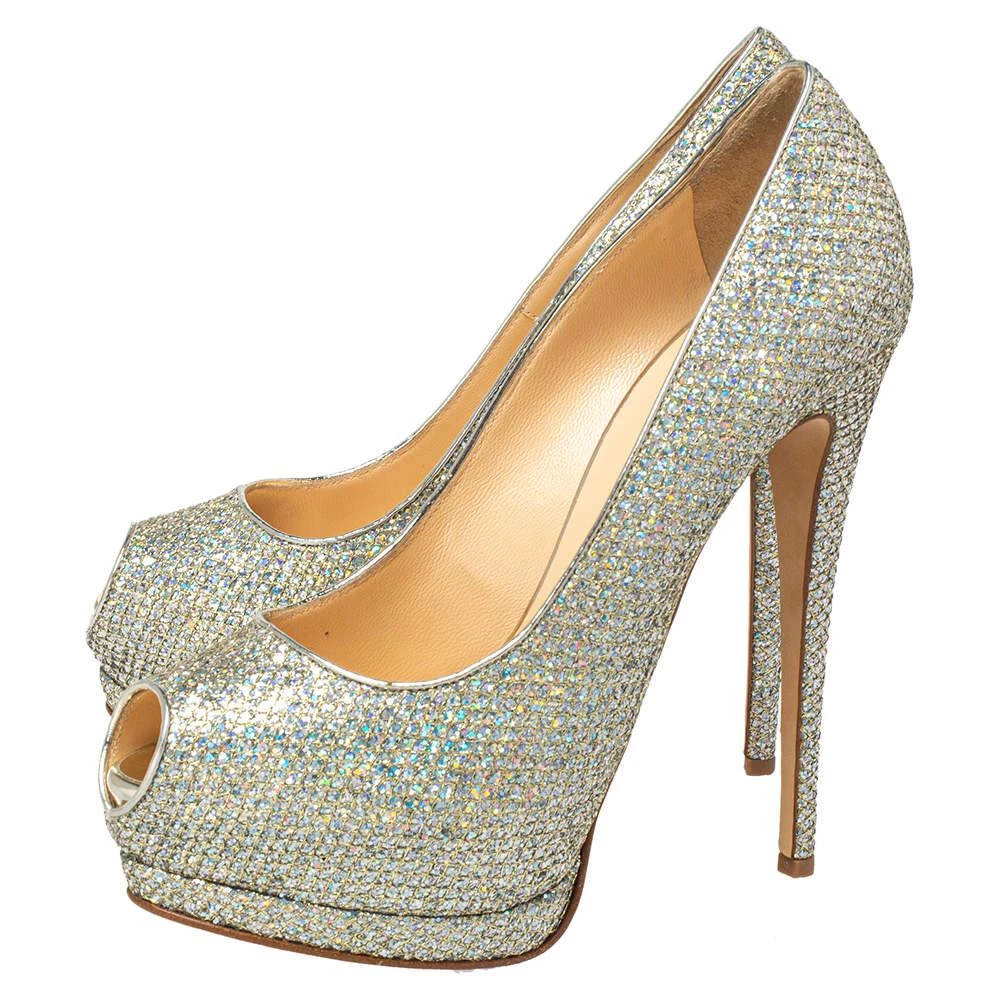 Giuseppe Zanotti Giuseppe Zanotti Silver Glitter And Leather Sharon Peep Toe Platform Pumps Size 40 4