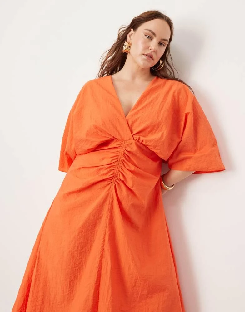ASOS ASOS EDITION Curve textured wide sleeve midi dress with ruched waist in orange 3