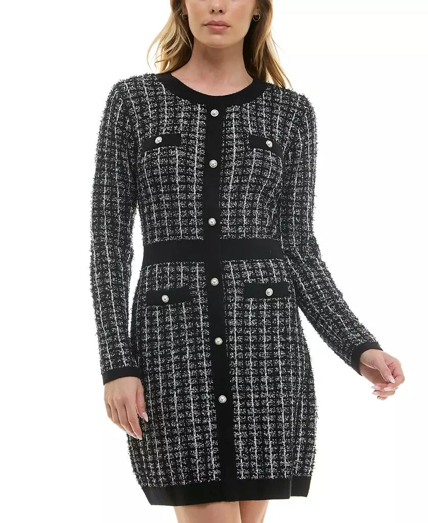 BCX Juniors' Round-Neck Long-Sleeve Tweed Sweater Dress 1